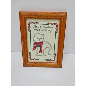 Hand Crafted Cross Stitch Kitty Cat Framed